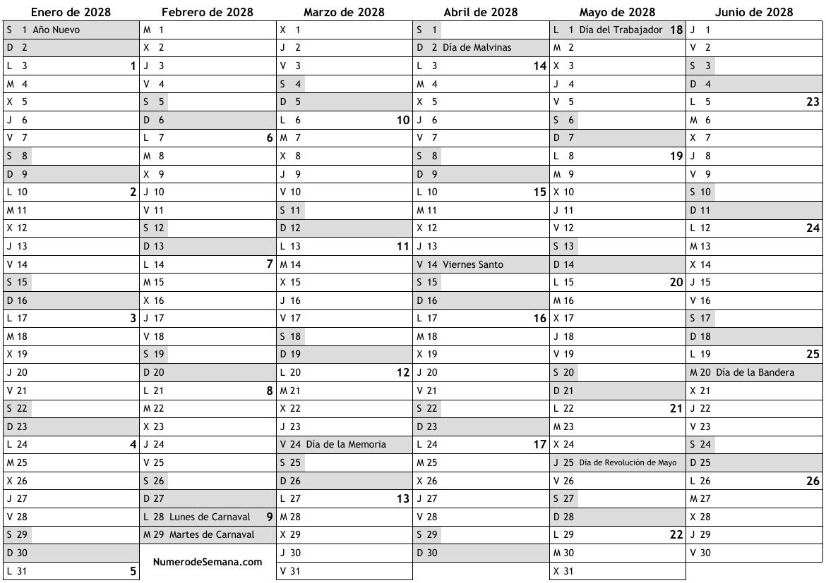 Calendario para 2028 con días festivos e números de semana … almanaques