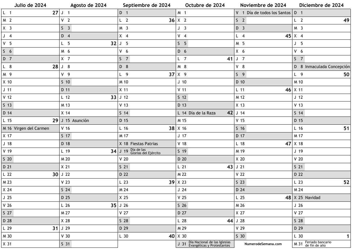 Calendario 2024, segundo semestre