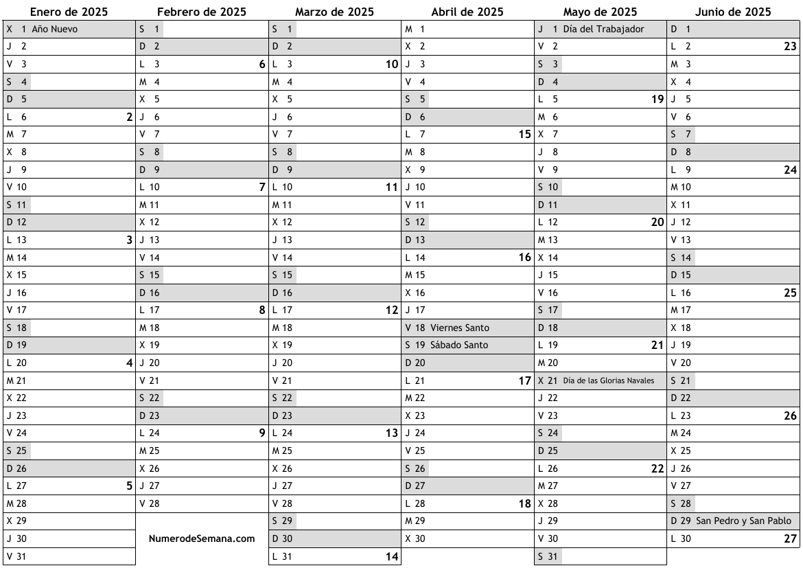 Calendario para 2025 con días festivos e números de semana … almanaques, online calendario anual 