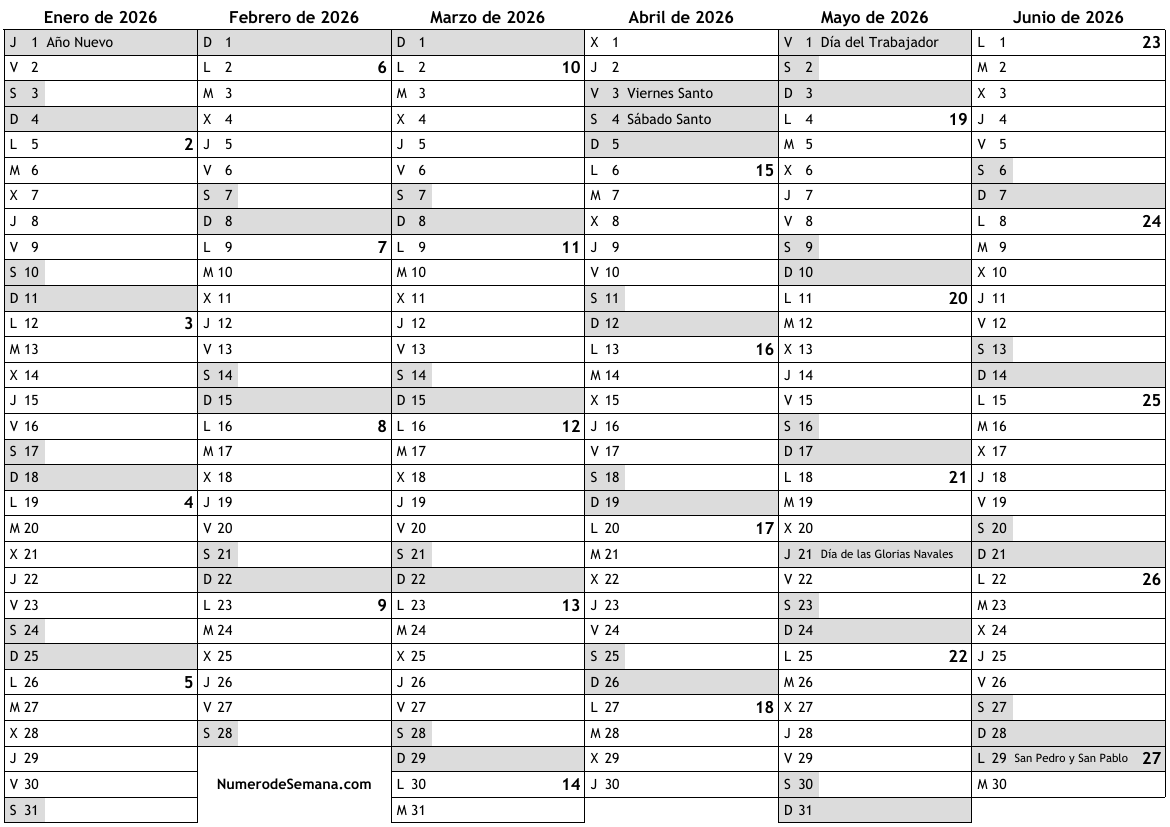 Calendario para 2026 con días festivos e números de semana … almanaques